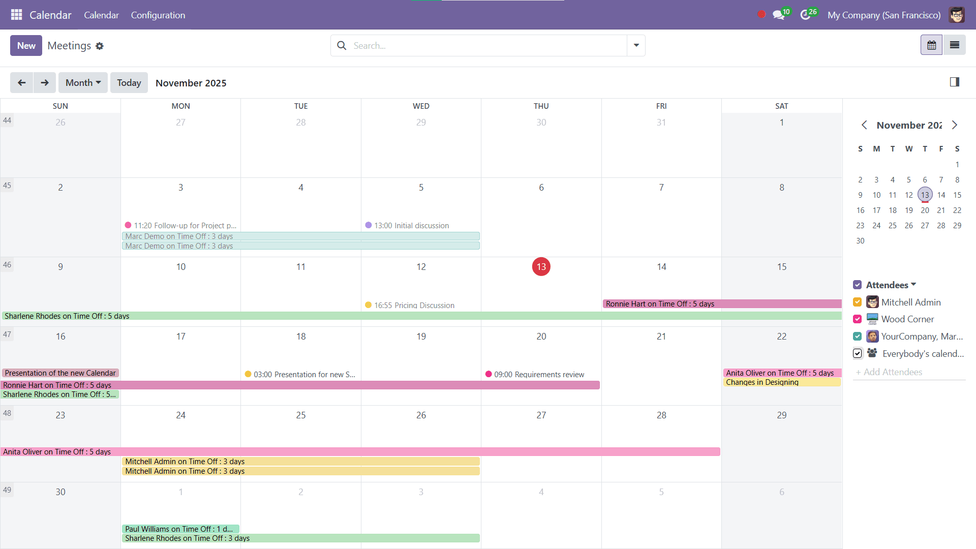 Calendar module with color-coded events and reminders
